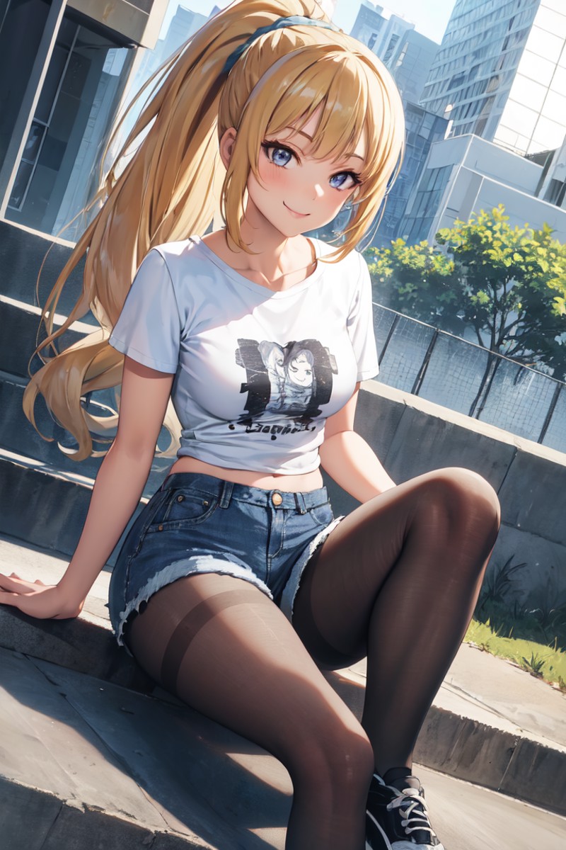 masterpiece, best quality, absurdres, perfect anatomy, 1girl, solo, KeiKaruizawa, hair scurnchie, ponytail, graphic tee, d...